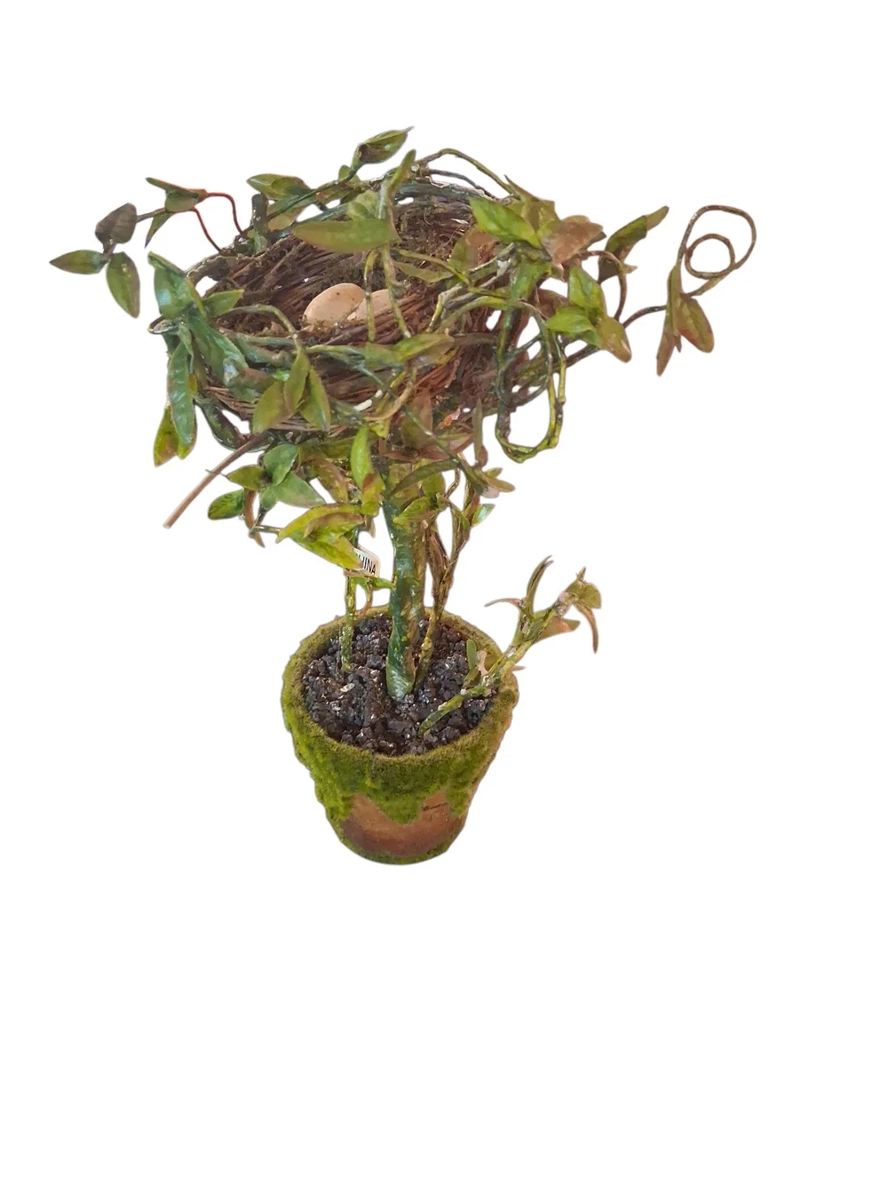 Faux Bird's Nest Topiary Plant in Moss Covered Pot Decor